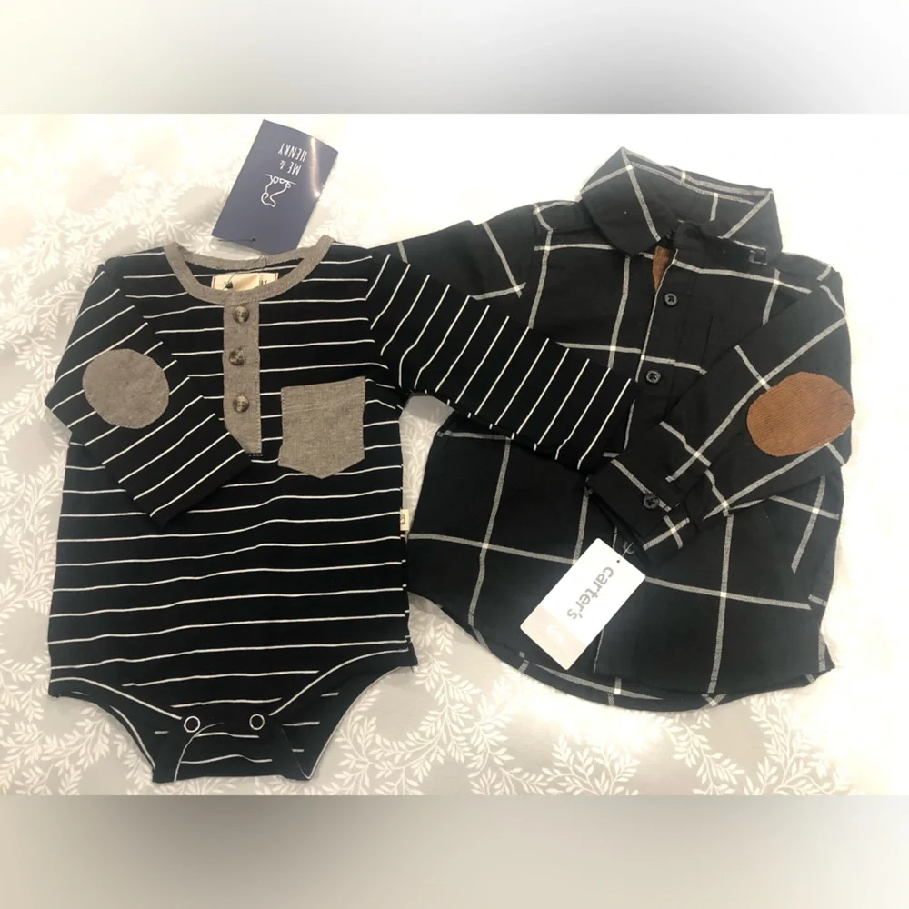 Baby Boys Shirt Lot Of 2 0-6 Months Carter's Me & Henry‎ Black Striped Plaid